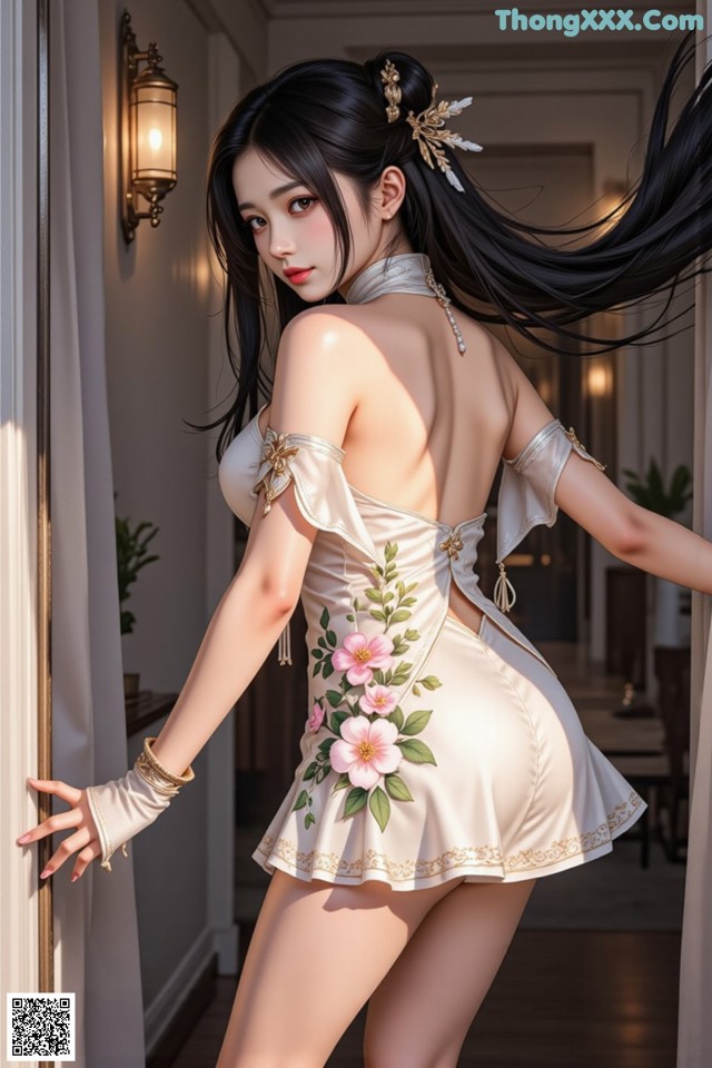 A woman in a white dress with flowers on it.